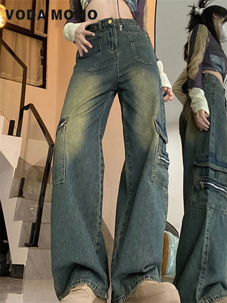 Jeans cargo da strada stile americano 2024 donna autunno nuovo pantaloni larghi a vita alta dritti a gamba larga vintage