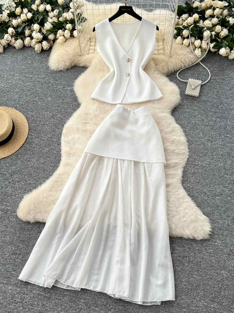 Sommer Frauen Ärmelloses Strick Top Hohe Taille Spleißen Hüfte Umarmt Rock Set Temperament High-end-Zwei-stück Set