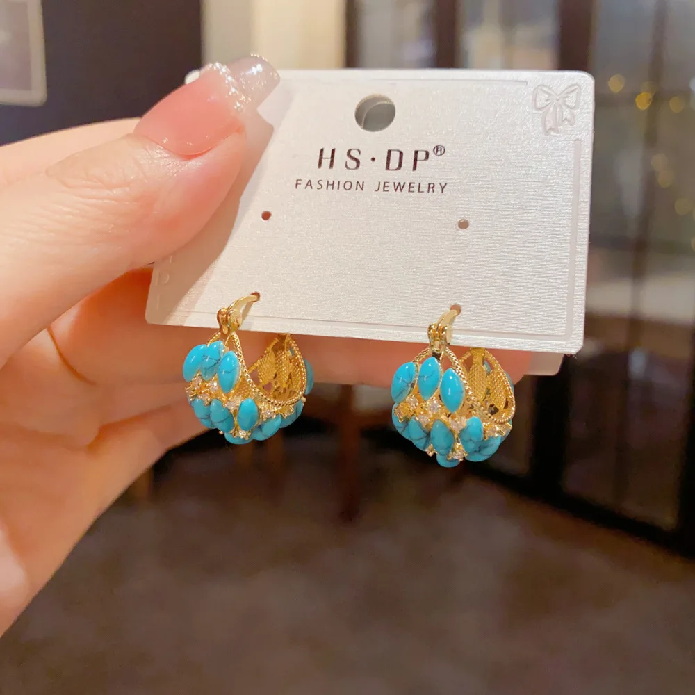 Vintage Bohemian Cluster Hoop Earrings Embellished With Bright Turquoise Beads Luxe Statement Jewelry For Women
