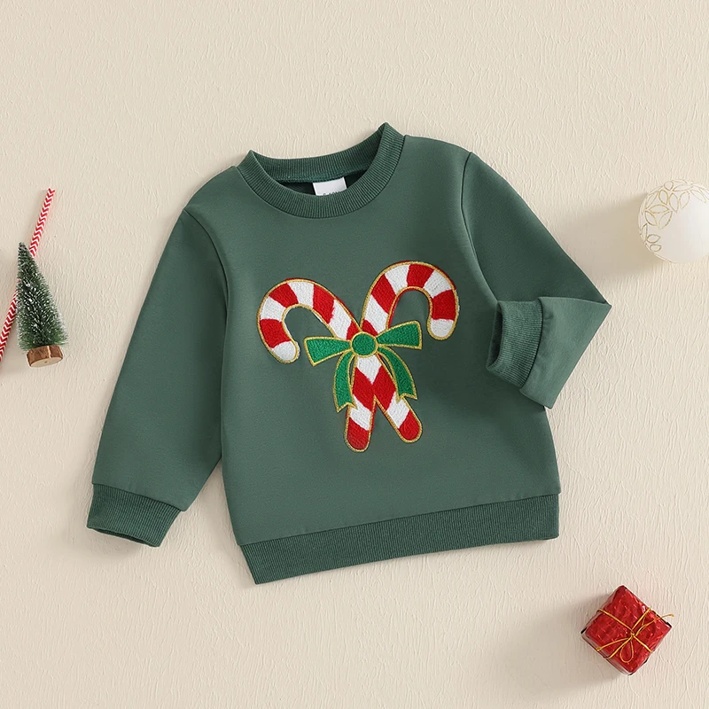 Baby Christmas Sweatshirts Cute Candy Cane Embroidery Long Sleeve Pullovers Toddler Winter Tops