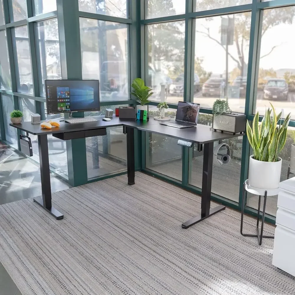 Large Dual Motor L-Shaped Desk: Adjustable Height 28.3-46.5, 3 Memory Positions, Steel Frame, Black