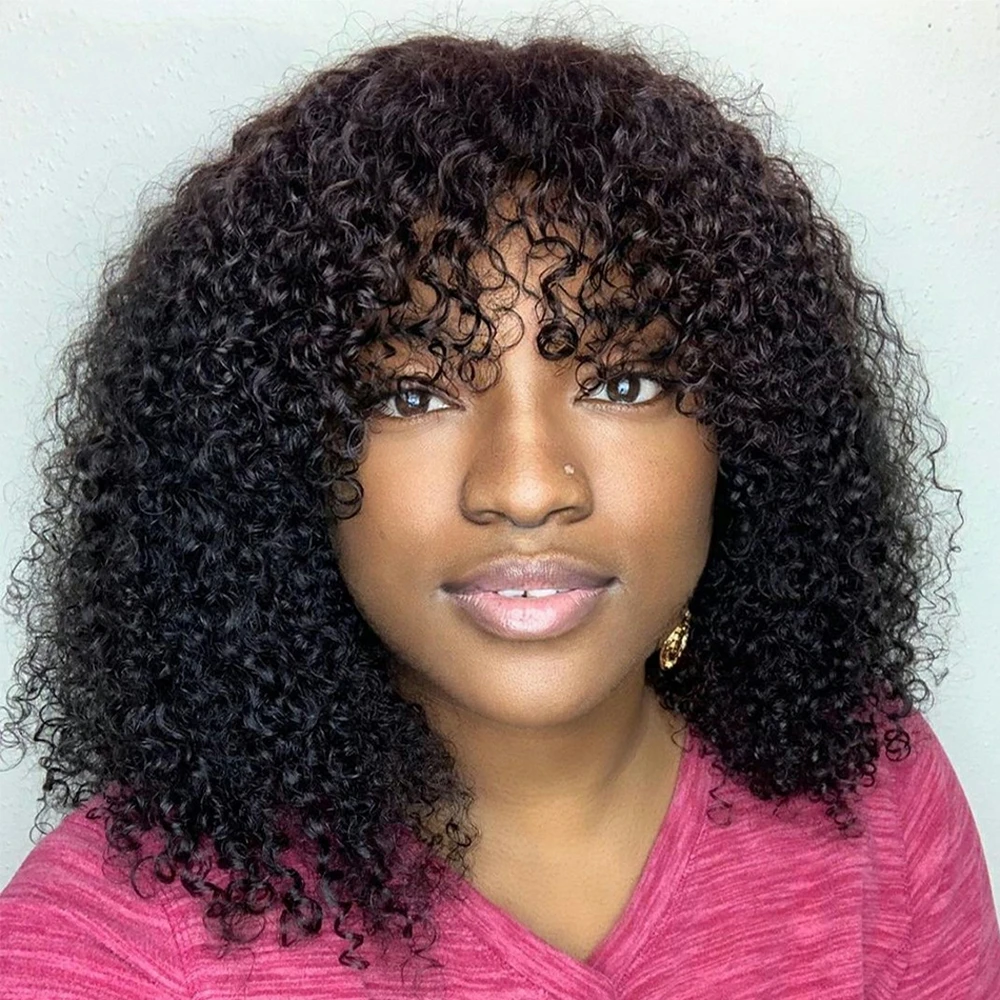 Curly Short Bob Cut Human Hair Wigs With Bangs Bob Wig Kinky Curly Wigs Human Hair Bob With Bang For Women Full Machine Made Wig