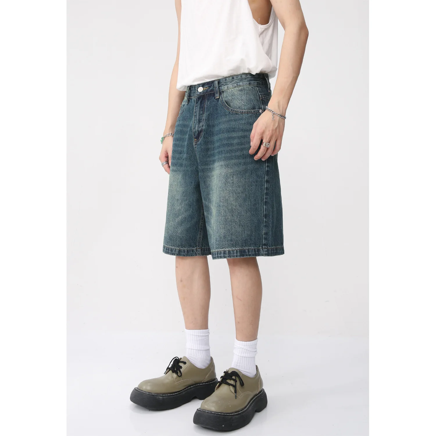 

Denim Shorts Knee Length Men Shorts Jean Distressed Washed Pockets Mid Waist Casual Summer 2026 Flat Loose Zipper Fly Solid