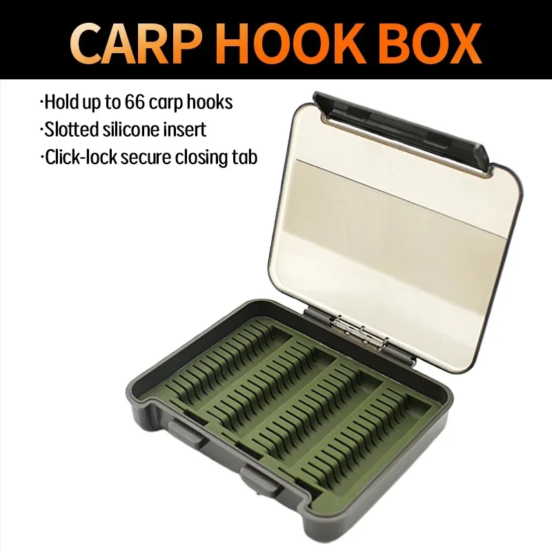 1 PC Carp Fishing Tool Carp Hook Box Hold Up To 66 Carp Hooks Slotted Silicone Insert Click-Lock Secure Closing Tab Tackle