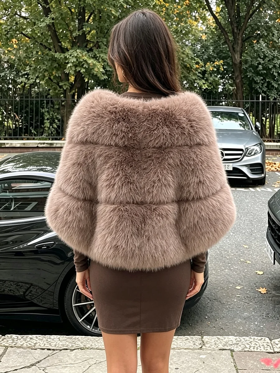 PUAL Women  Faux Fur Shawl Cape V‑Shape Collar Sleeveless Warm Fluffy Poncho Luxury Evening Party Wrap Ladies Winter Outerwear