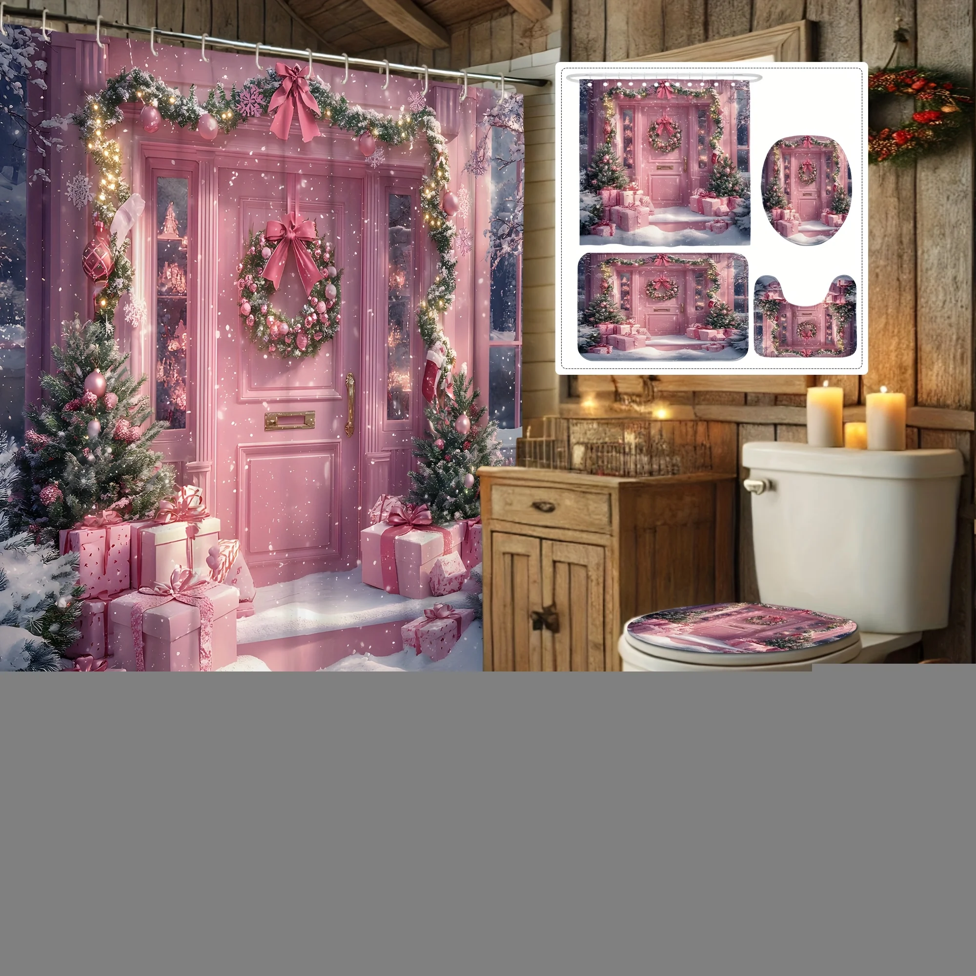 

4Pcs Xmas Shower Set, Tree Wreath Doorway, Farmhouse Pink, Holiday Bath Decor, 12 Hooks, Non-Slip Mat, U-Shaped Cover