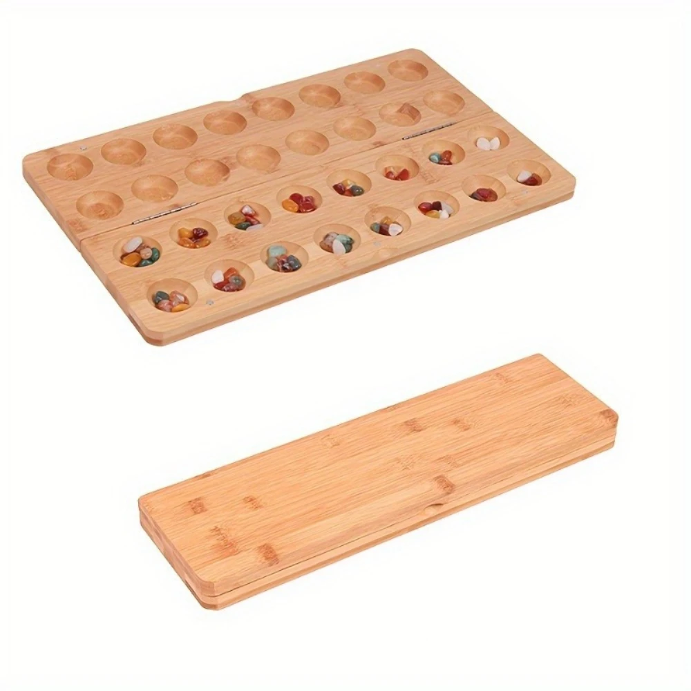 Juego de Mesa Mancala Plegable Portátil de Madera con Piedras de Vidrio Multicolores y Piezas de Ajedrez de Gemas, Perfecto para la Diversión Familiar