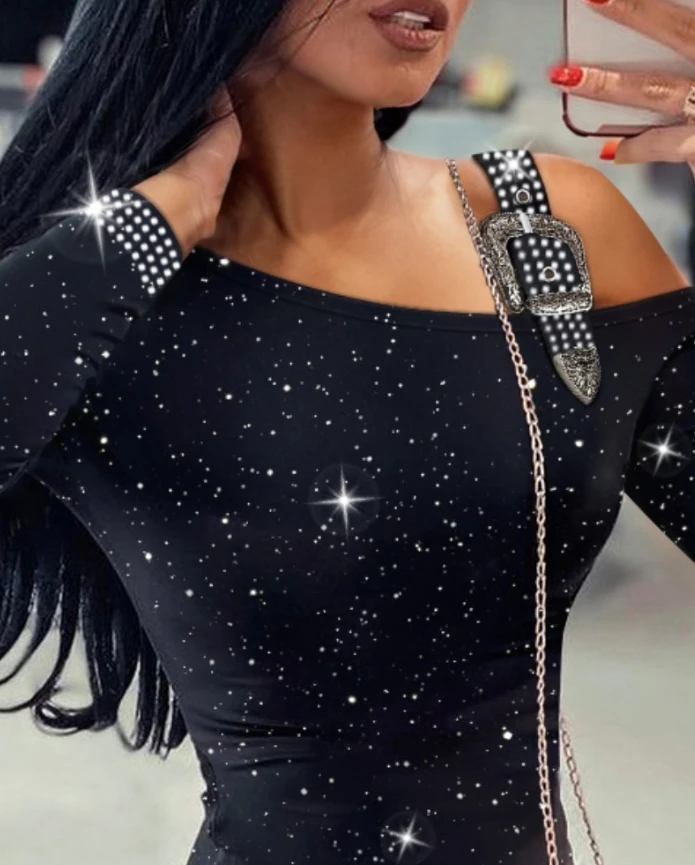 Womens Dresses 2025 Spring Fashion Glitter Rhinestone One Shoulder Bodycon Dress Slim Fit Buckled Long Sleeve Party Mini Dress