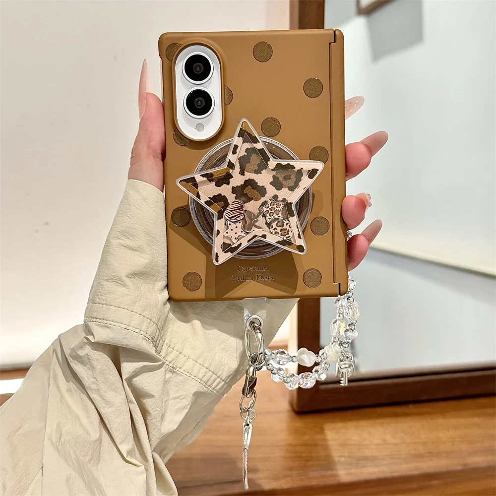 Caramel Brown Polka‑Dot Phone Case For Samsung Galaxy Z Fold8 Leopard Star Mirror Bracket Crystal Bead Wrist Foldable Shell
