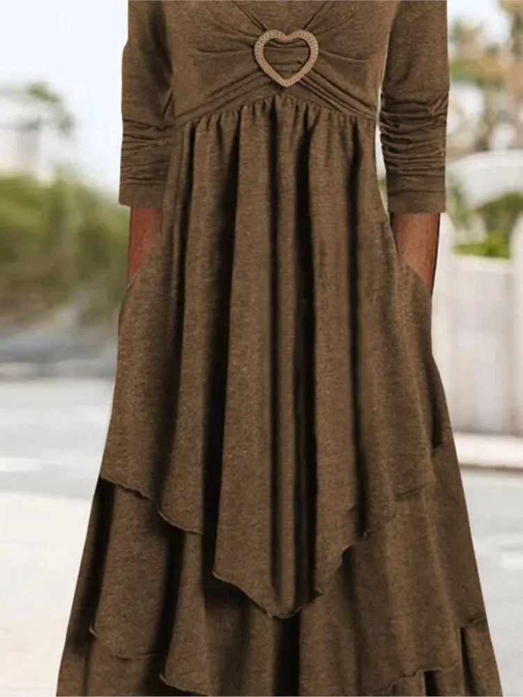 

Elegant Office Women's Dress Round Neck Solid Color Long Sleeve Dresses Lady Casual 2025 Summer Layered Ruffles Vintage Dresses
