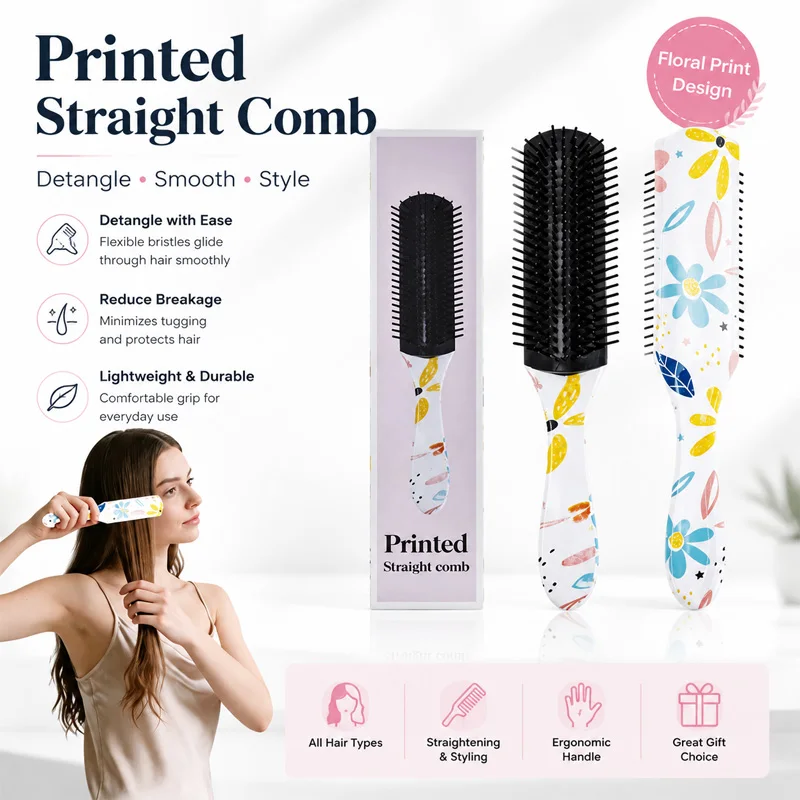 Floral Print Detangling Hair Brush Lightweight Straightening Styling Comb Anti-static for All Hair Types