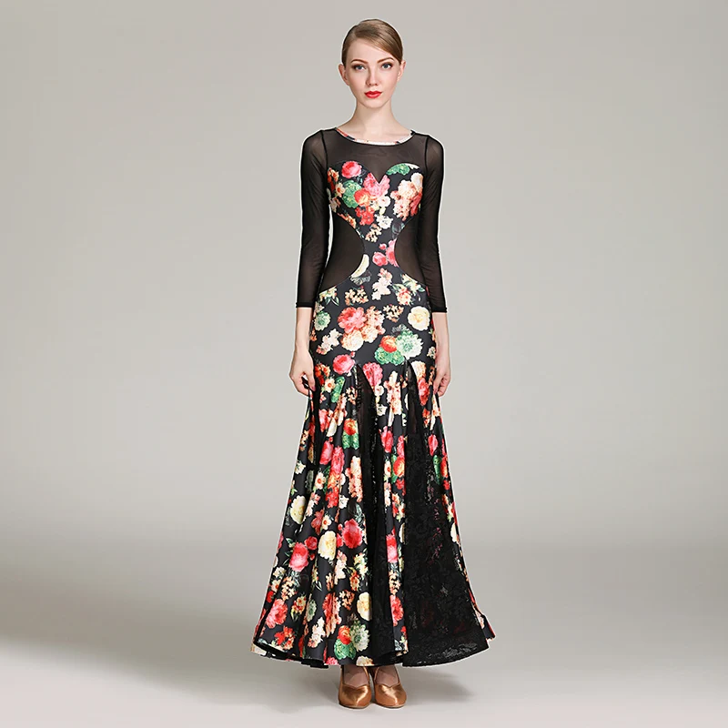 Elegante standaard danswedstrijdjurk grijze wals ballroomwedstrijdjurk met lange mouwen en groene kanten podiumjurk nieuw