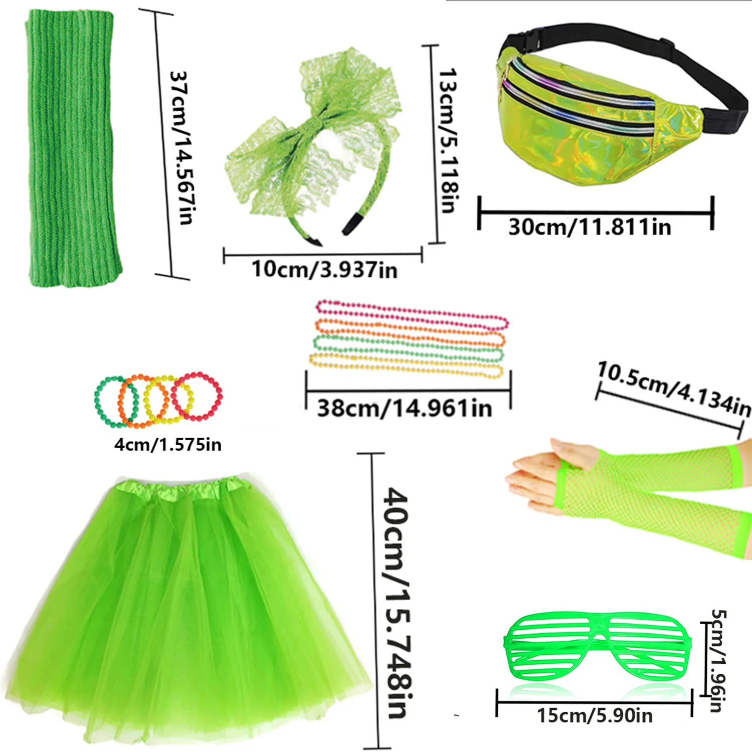 Ensemble d'accessoires de costume de fête fantaisie des années 1980 avec des couleurs vertes, tenue des années 80, ensemble d'accessoires de costume des années 80