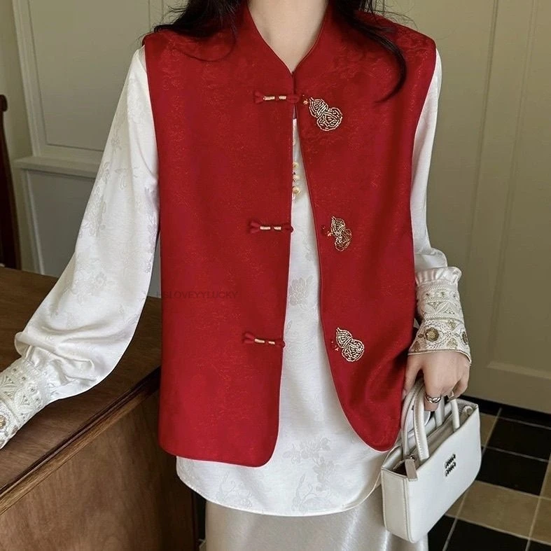 New Chinese Style Frog Button Vest  New Year Red Sleeveless Jacquard Waistcoat Traditional Style Outerwear Tank Vest Top