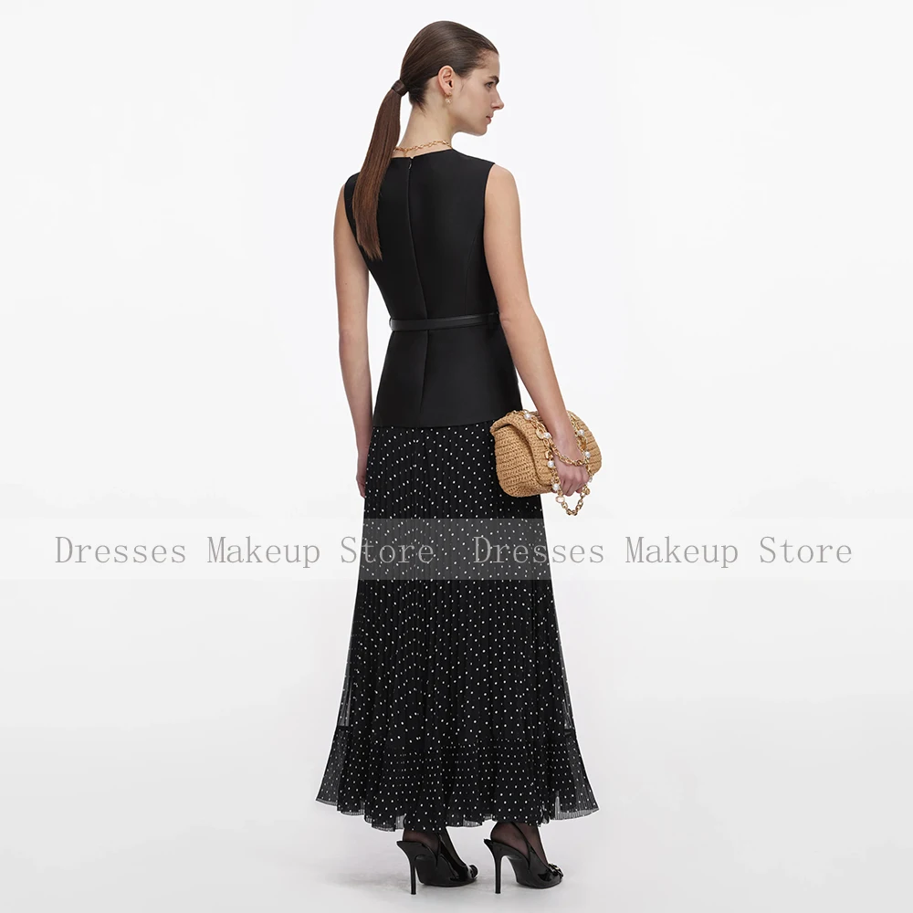Customized Modern Party Dress 2 Pieces O Neck Sleeveless Ankle Length Party Gowns Maxi Black Satin Dots Chiffon Cocktail Dresses