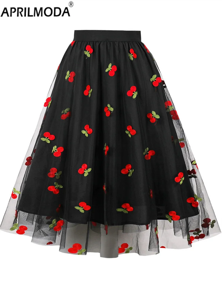 

Cherry Embroidery Black Mesh Ladies Skirt High Waist Sweet A Line Boho Beach Big Swing Midi Long Skirts Ball Gown Pleated Skater