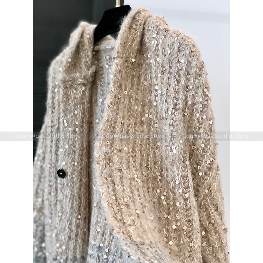 Advanced sense of sequins hooded knitted cardigan jumper jacket female 2024 autumn and winter lazy wind soft sticky tops