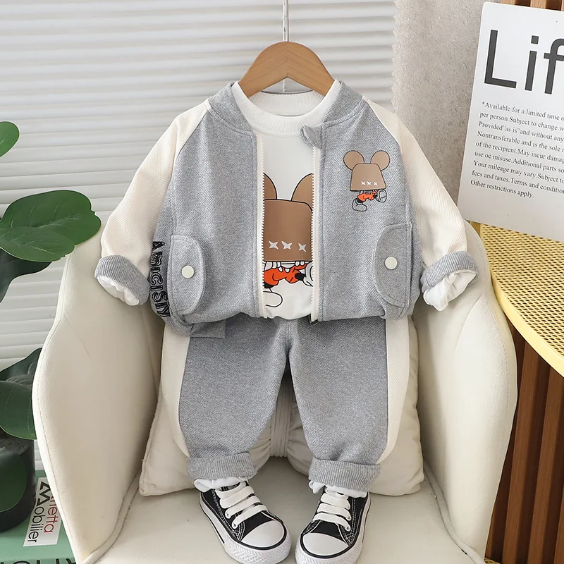 Autumn 2024 Kids Boys 3PCS Clothes Set Cartoon Cotton Shirts Patchwork Sleeve Coat Loose Pants Suit Children Baby Boy Outfits