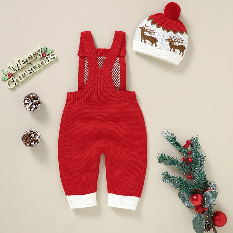 Baby Christmas Rompers Hats Clothes Red Reindeer Knitted Winter Newborn Boys Girls Jumpsuits Outfits 2pcs Infant Unisex Overalls