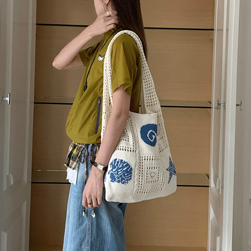 Designer-Stricktaschen mit großem Fassungsvermögen, Damen-Sommer-Strandtasche, lässige, hohl gewebte Unterarm-Umhängetasche – Detail 9