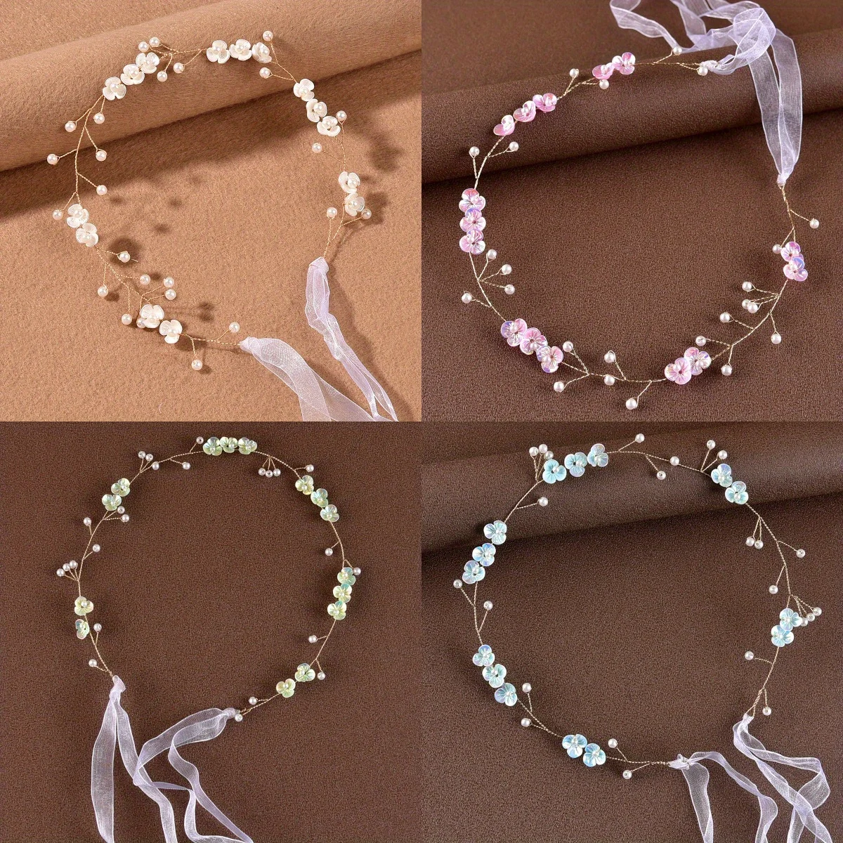 

Bridal Pearl Flower Hair Vine with Long Ribbon Metallic Headband Three Petal Design Wedding Hair Accessories for Women
