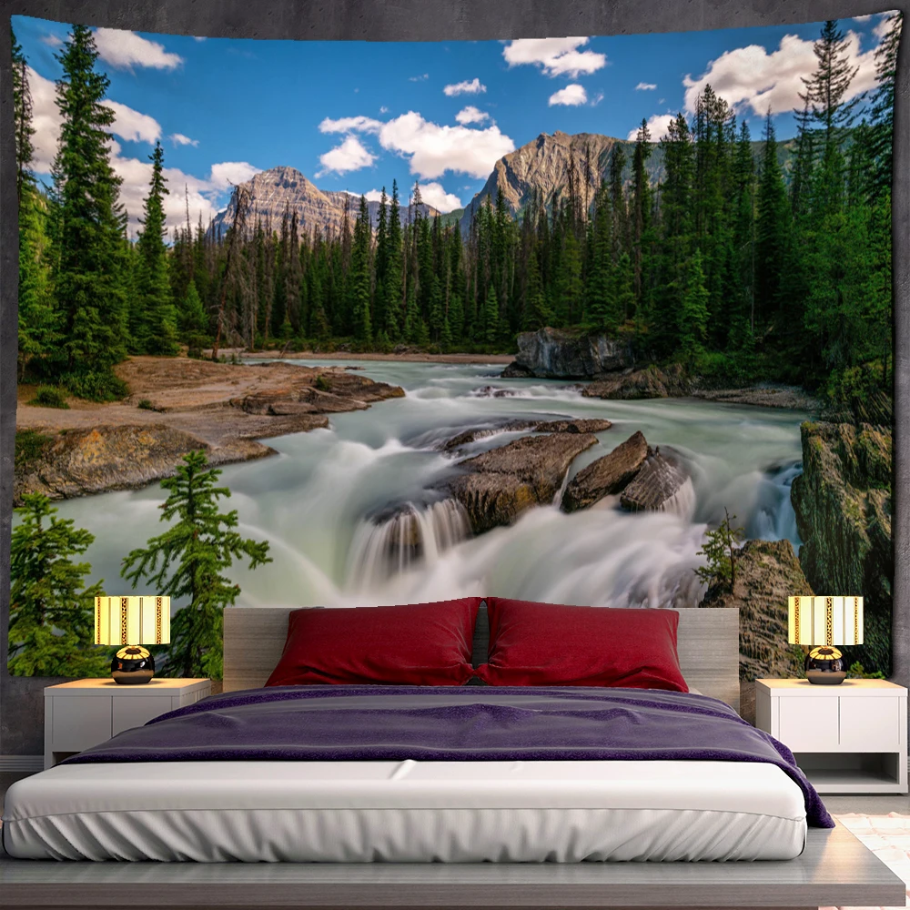 Waterfall Mountain Park Landscape Tapestry Wall Hanging Bohemian Psychedelic Nature Scenery Home Room Decor