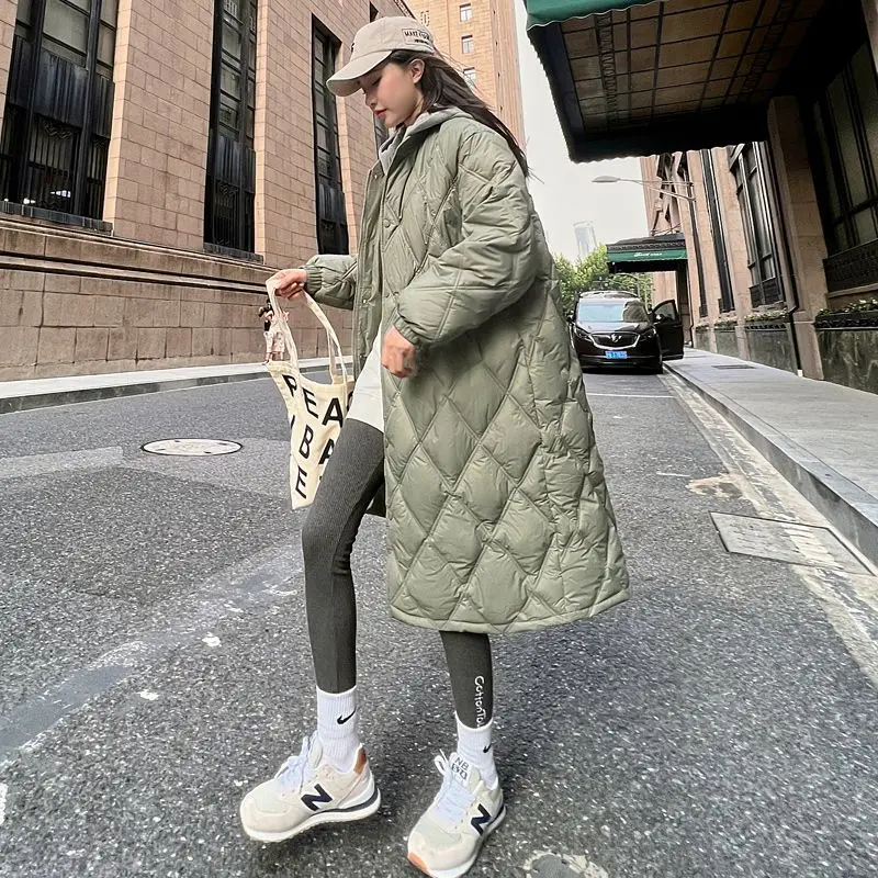 2023 Checkered Thin Cotton Jacket For Women, Mid Length, Loose, Casual, Single Breasted, Round Neck, Warm, Winter, 2023