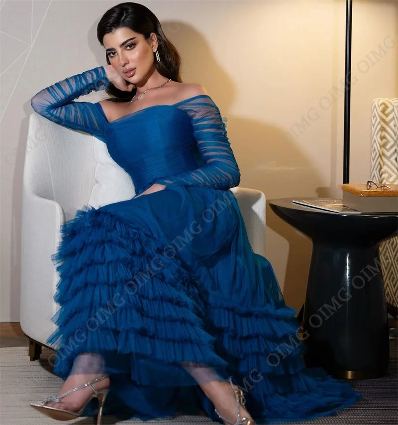 OIMG Exquisite Saudi Evening Dresses Women 2024 Tulle A-Line Party Prom Gowns Elegant Off Shoulder Tiered Pleat вечернее платье