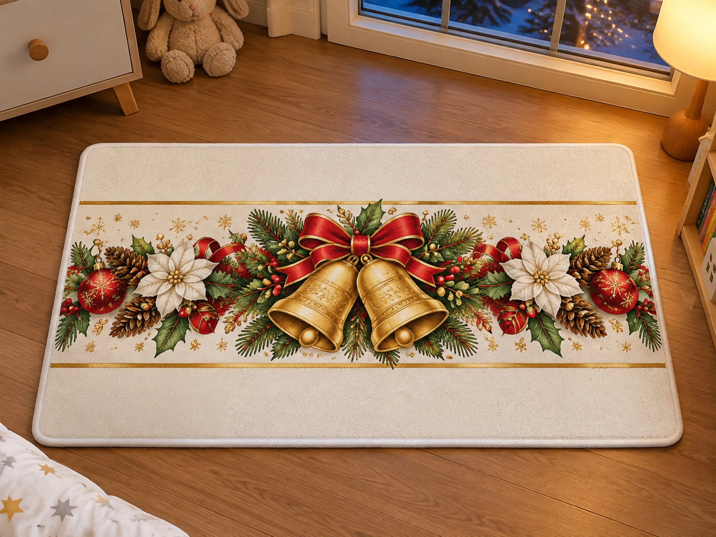 VIKAMA Christmas Gold White Bell Flannel Door Mat, Washable Quick Dry Xmas Mat, Xmas Decor for Office, Balcony, Laundry