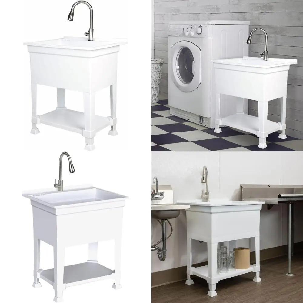 

Utility Sink for Laundry and Garage, 30 x 24 White, Freestanding Design with Space-Saving Features
