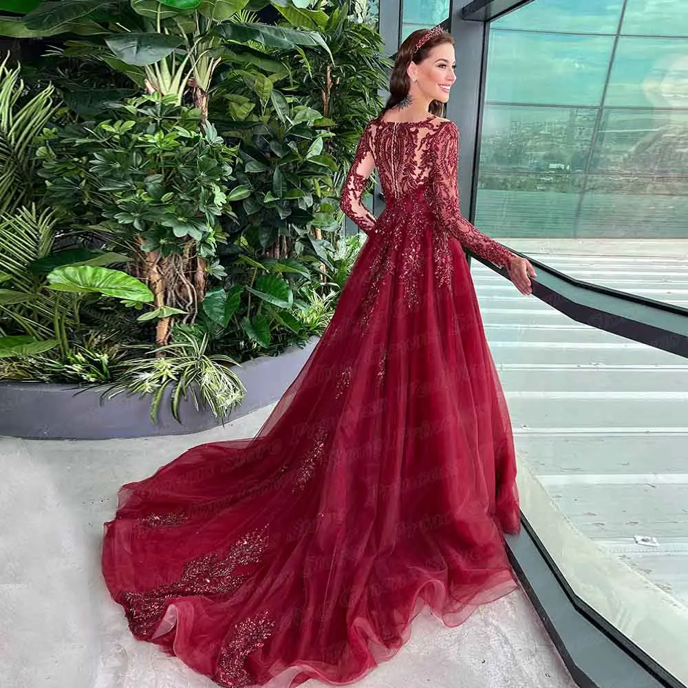 Engagement Evening Dresses Long Luxury 2022 Burgundy Marriage Kaftan Applique Bead Lace Illsuion Sleeve Formal Wedding Party