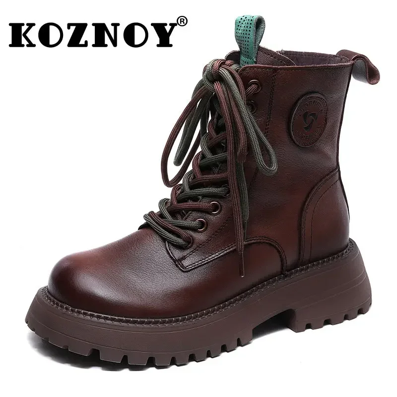 

Koznoy Women Ankle Boots 4.5cm Natural Cow Genuine Leather Mid Calf Spring Autumn Flats British Moccasins Ladies Retro Shoes