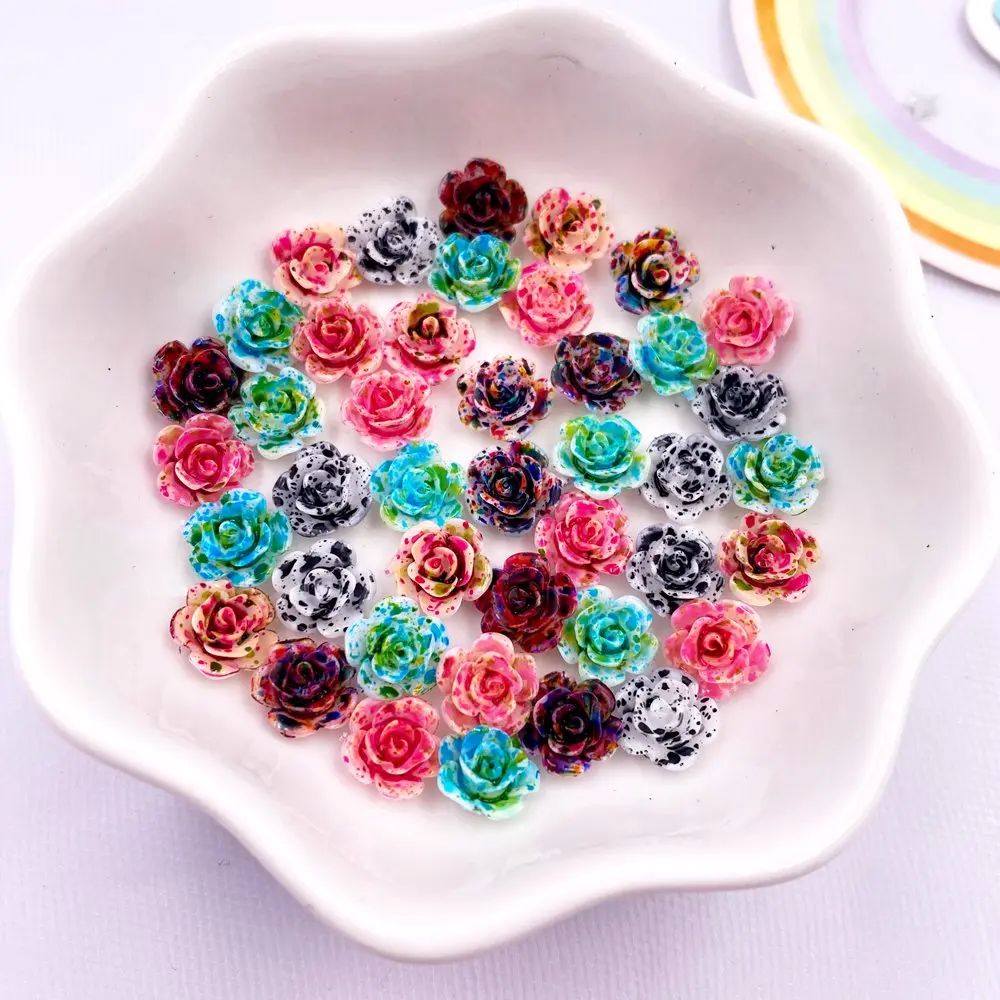 50Pcs Cute 8mm Resin Colorful Printed Rose Flatback Flower Stone Gem Scrapbook Wedding Figurine Applique Craft DIY Nail Art OL76