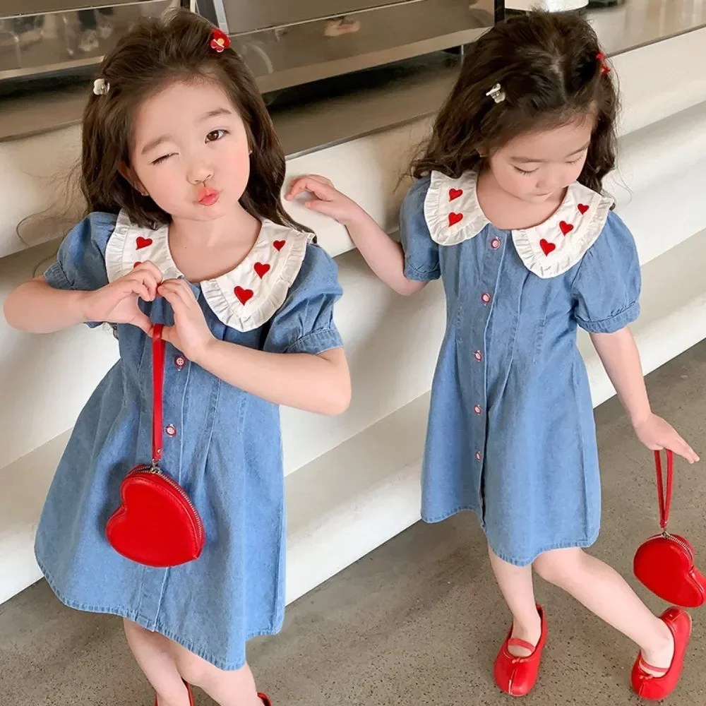 

Korean Version Cute Girl Princess Denim Dress with Heart Embroidery Lapel Bubble Sleeves Children's Casual Clothes for Summer
