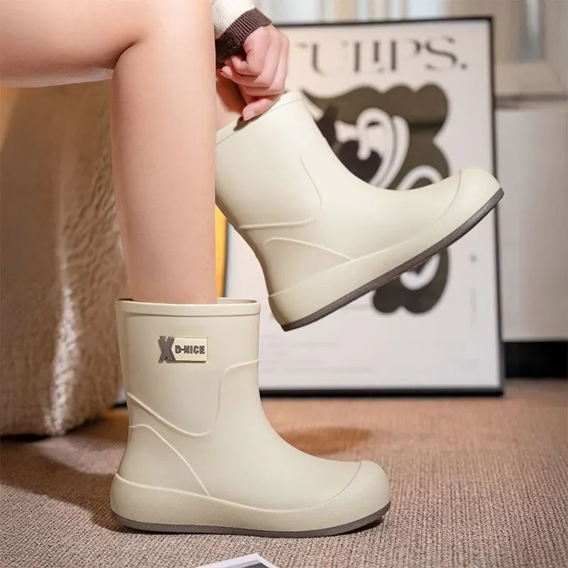 Novas botas de chuva femininas moda mid-tube fixo veludo quente botas de chuva ao ar livre antiderrapante e resistente ao desgaste sapatos de borracha de deslocamento