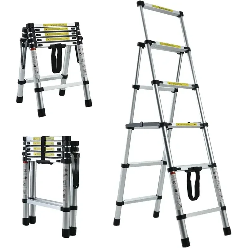 4 5 Steps (4.6ft 5.6ft) Portable Aluminum Fishbone Ladder Household A-Frame Portable Multipurpose Telescopic Ladder, 150kg