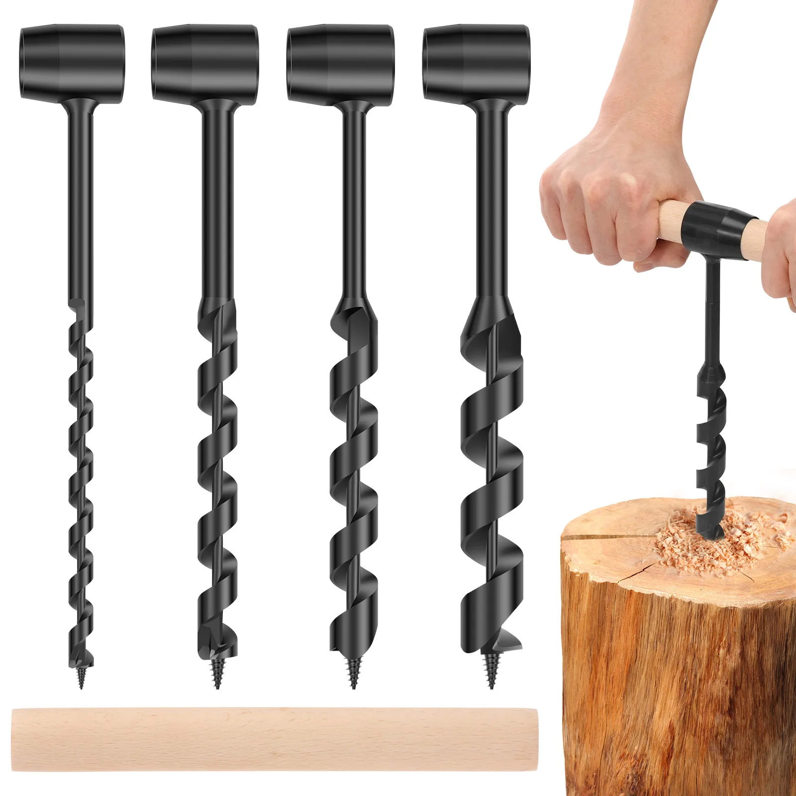 

4Pcs Hand Auger Wood Drill Multifunctional Hand Wood Auger Drill Bit with Wooden Stick Bushcraft Wood Drill for Outdoor Survival