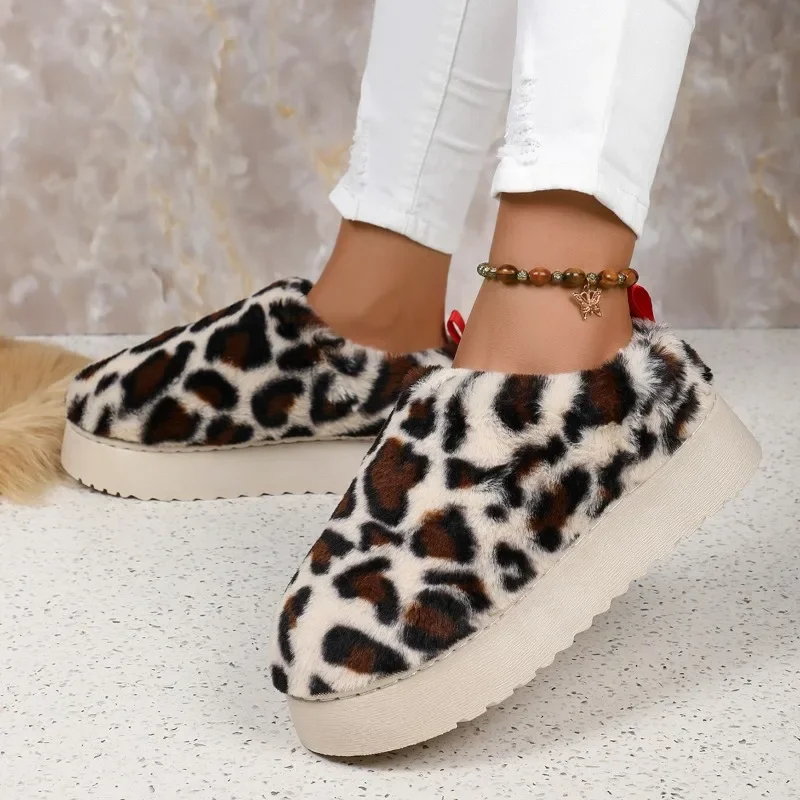 Fashion Design Leopard Fur Ankle Snow Boots Women\'s Warm Cotton Shoes Winter Short Plush Boots 2024 New Comfortable Femme Botas