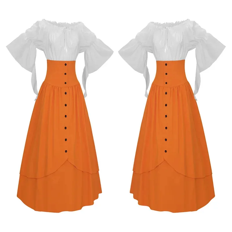 New Renaissance Medieval Dance High Waisted Button Up Skirt Gothic Irregular Top Halloween Party Dress Palace Retro Long fy1;