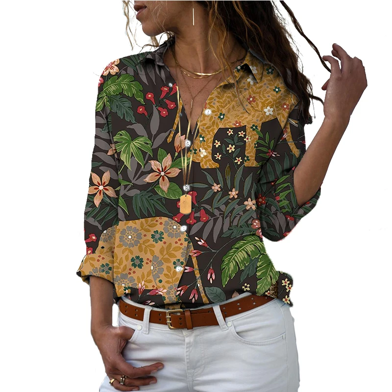 Spring and summer hot selling European and American retro design women's shirts 3D printing women's casual floral shirts