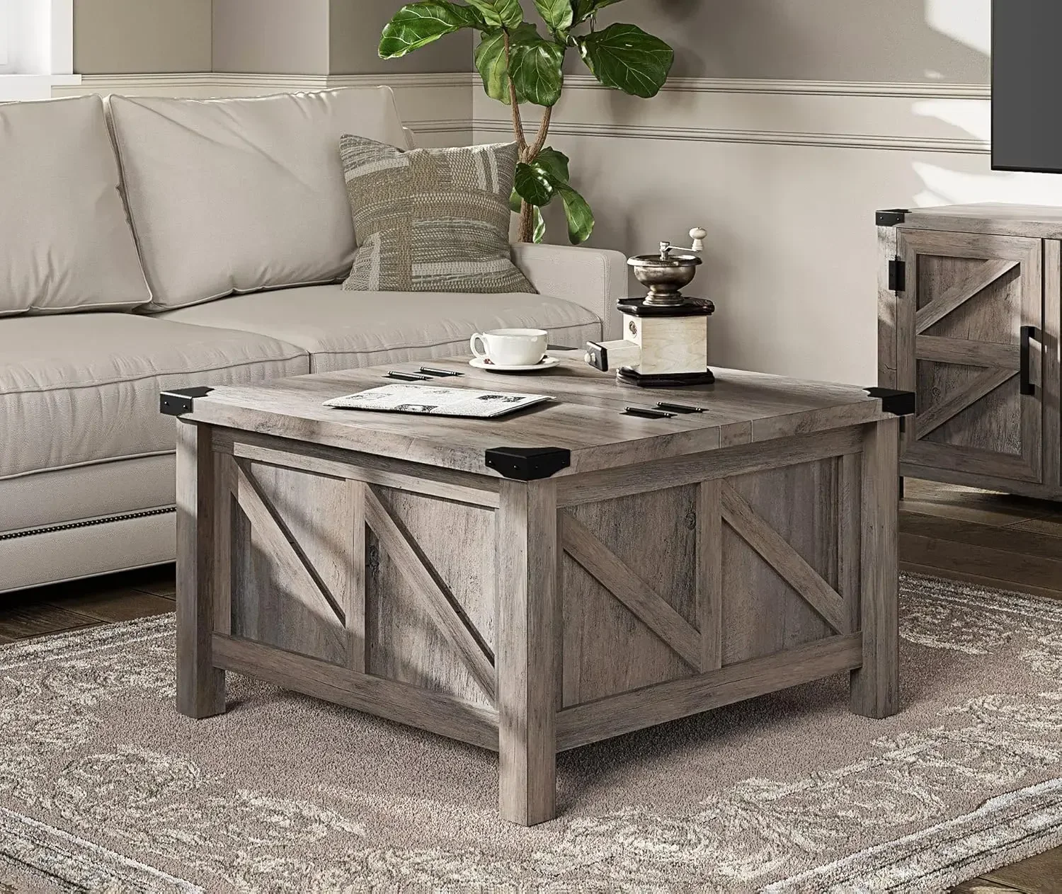 Modern Farmhouse Coffee Table, Square Wood Center Table with Gas Struts Lift-Top for Extra Large Hidden Storage,  Grey