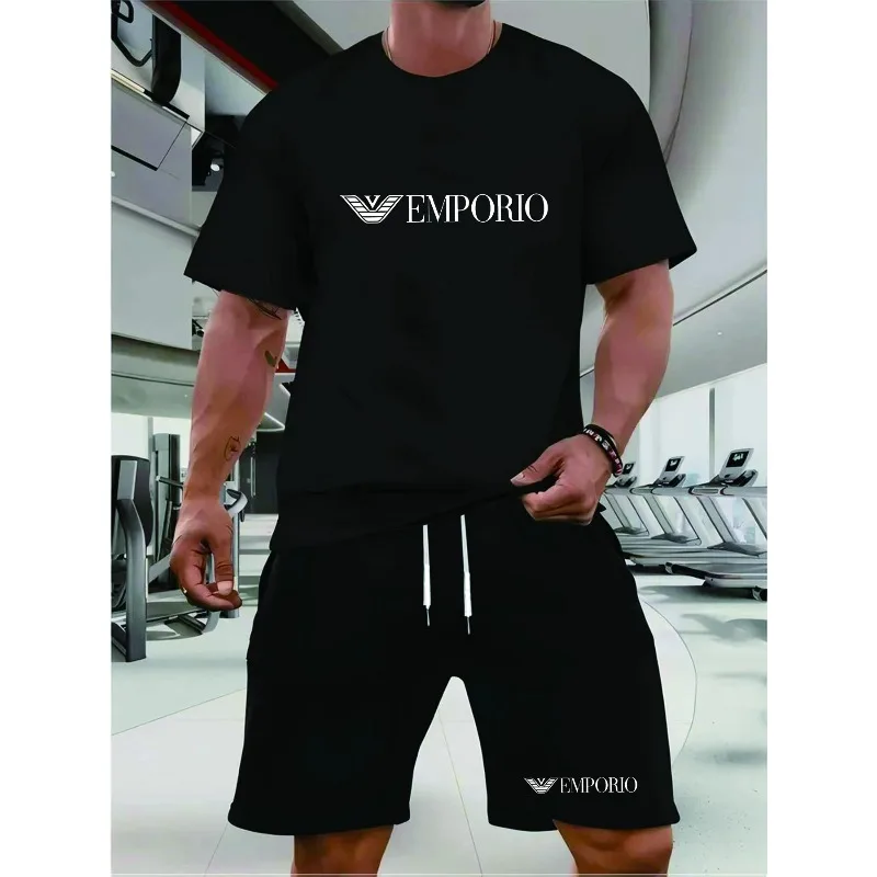 Men's quick-drying running T-shirt and shorts set with round neckline and elastic fabric. Sport and casual outfit.