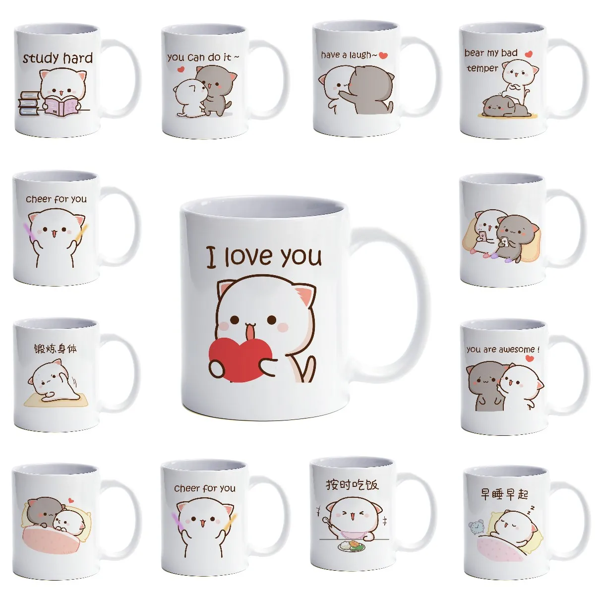 Taza de té y café con diseño de gato melocotón y Goma, bonito Animal para desayuno, postre, leche, agua, regalo para pareja