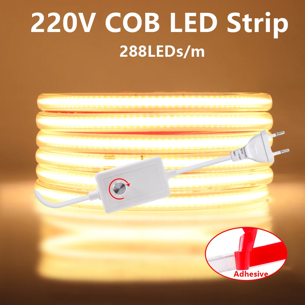 Self Adhesive COB Strip Light 220V Waterproof Outdoor Lamp With Switch Dimmer EU Plug High Brightness Led Light for Room Decor