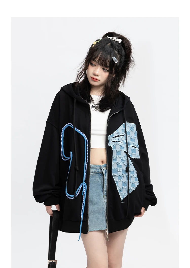 Japanese Style Fashion Butterfly Zipper Cardigan Hooded Sweatshirt Women Autumn 2024 Loose Casual All-Match Oversized Hoodie