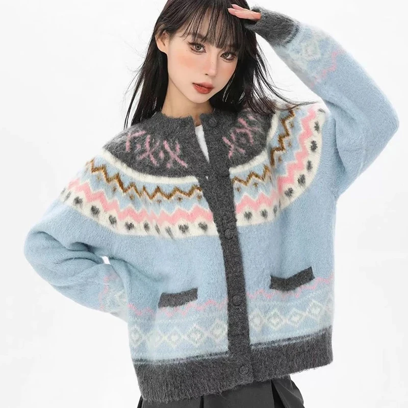 الأزرق الجاكار سترة مشغولة من الصوف المرأة الحلو كم طويل س الرقبة كسول الرياح سترة خمر خريف شتاء فضفاض عادية زر بلوزات جديدة #1