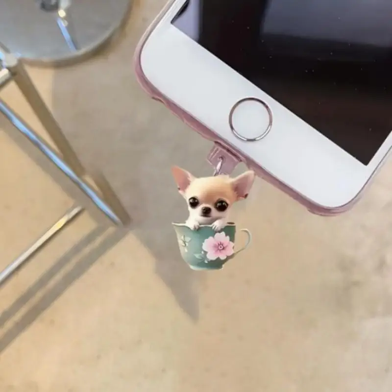 Bonito 2d acrílico cão telefone poeira plug pingente para iphone samsung xiaomi tipo-c/ios interface célula poeira plug acessórios