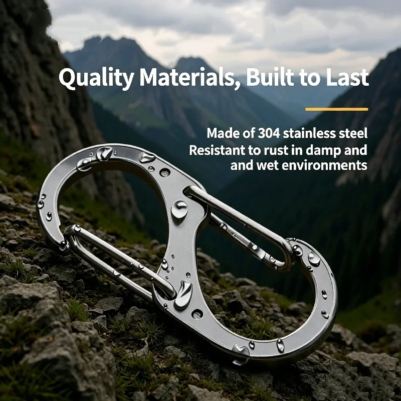 5pcs 304 Stainless Steel Large Load-Bearing Keychain Double Head Quick Hanging Mountaineering Buckle 8-Shaped Key Ring