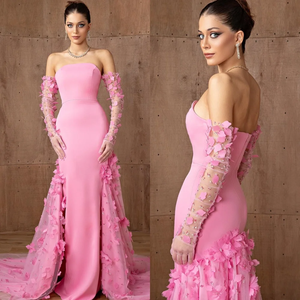 

Customized Soft Pink Jersey Evening Dresses Temperament Strapless Homecoming Dresses Elegant Court Train Vestido De Festa