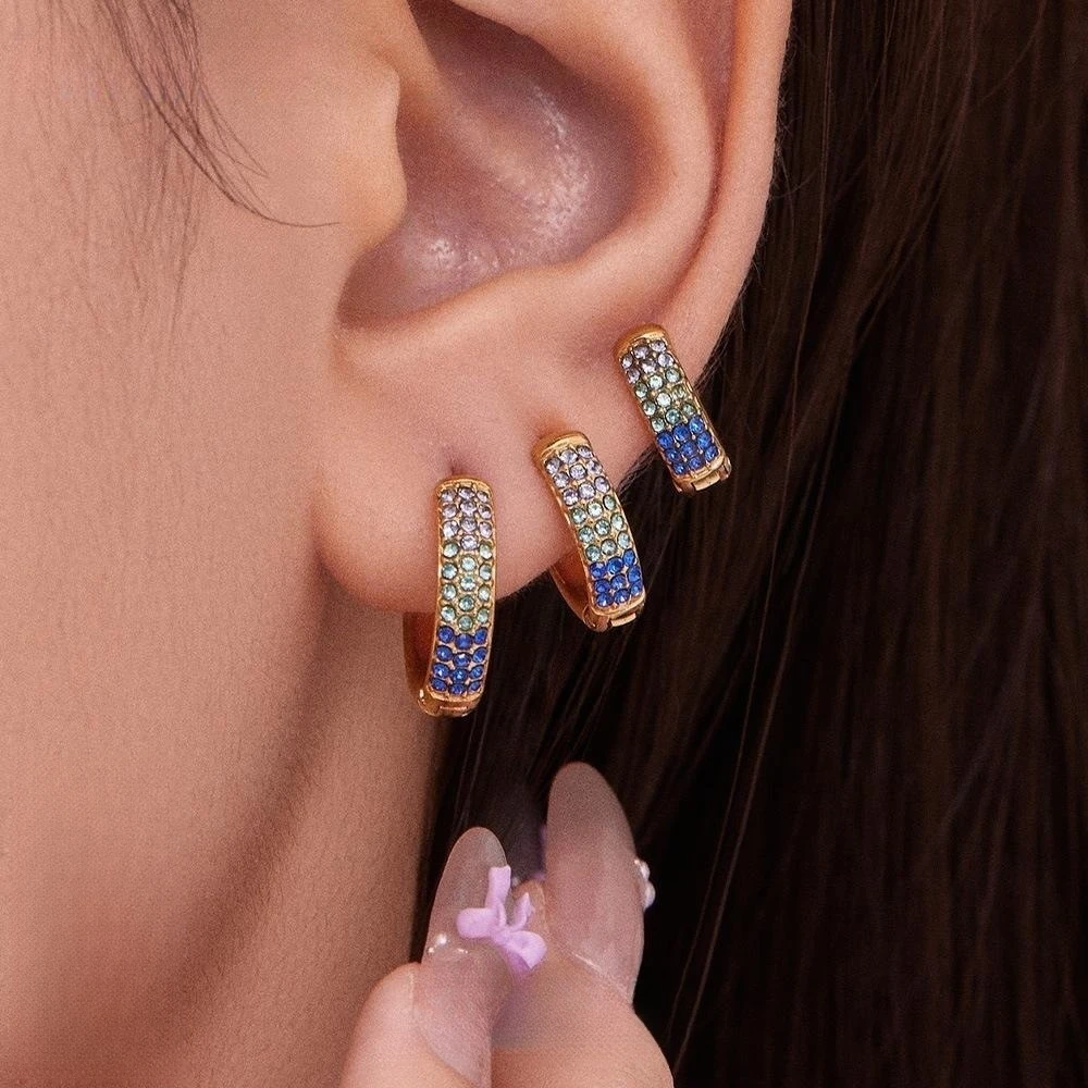 

Titanium Steel Colorful Crystal Rectangular Hoop Earrings for Women Fashion Gold-Plated Statement Jewelry